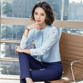 AUDDE 2019秋季新款女装新品长袖衬衫女时尚职业装女飘带立领衬衣白领工装工作服 cchXZ033 蓝色衬衫 L