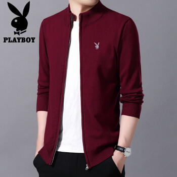 花花公子（PLAYBOY）针织衫男2019秋季韩版潮流拉链开衫男外套休闲男士毛衣男 HH-HLS98092 酒红 3XL