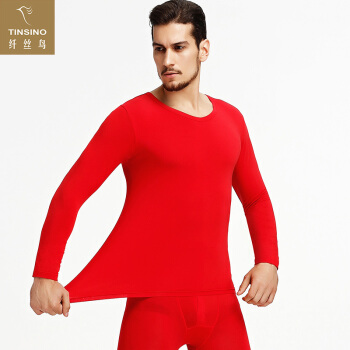 纤丝鸟莫代尔秋衣秋裤情侣套装男女长袖薄款纯色修身保暖内衣 男 大红 V领 L
