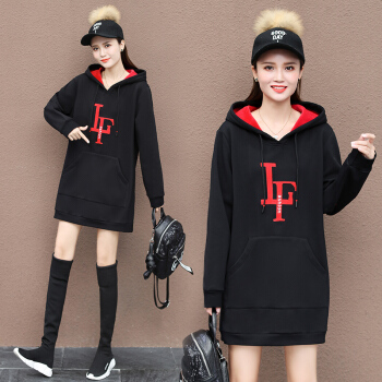 AUDDE 2019冬季新款女装新品卫衣女休闲厚外套加厚加绒连帽中长款宽松上衣 HZ1048-5018 黑色 L