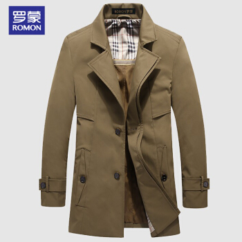 罗蒙 ROMON 风衣男2019秋新款青年男士长款过膝双排扣大衣男时尚休闲外套 FD368 深卡其 190/104A