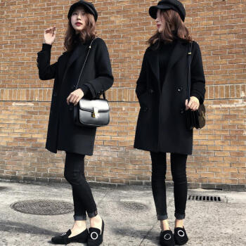 凡淑 毛呢大衣女2019冬季新品女装赫本毛呢外套女显瘦小个子中长款修身呢子大衣 XDD21 黑色 XL