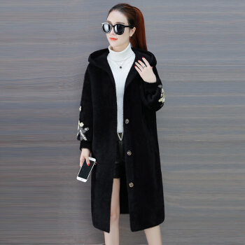 沫欣 针织衫女2019秋冬新品毛衣女气质通勤刺绣宽松连帽外套中长款针织开衫 HZ1023-9957 黑色 M