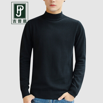 吉普盾半高领针织衫男士2019秋冬新品韩版修身毛线上衣休闲打底毛衣男 黑色 M