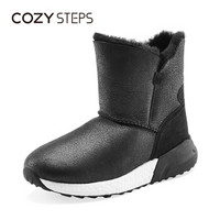 COZY STEPS女士防滑保暖澳洲羊皮毛一体爆米花大底雪地靴8D024 黑色 36