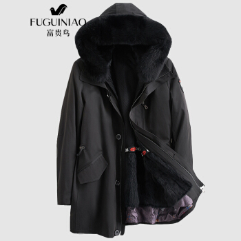 富贵鸟 派克服 男士2019秋冬季新品兔毛皮内胆外套男装青年潮流百搭狐狸毛皮领皮衣男 黑色 2XL