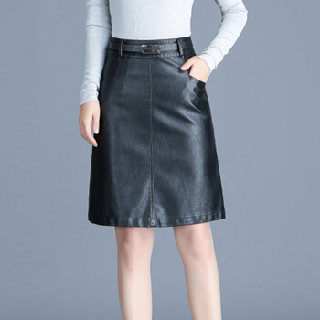 她池2019秋装新款女装时尚高腰纯色气质口袋包臀修身a字半身皮裙  T93Z2235A10M   黑色 M