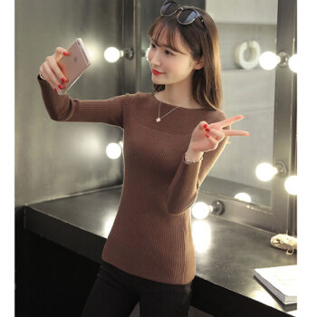 BANDALY 针织衫2020春季女装新款修身一字领韩版紧身长袖打底衫短款套头毛衣女 zx1AF02-216 咖啡 XL