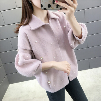 仙丫 2019秋冬季新款女装新品针织衫女韩版灯笼袖钉珠纯色开衫毛衣外套 MMWJ13466 粉红色 均码