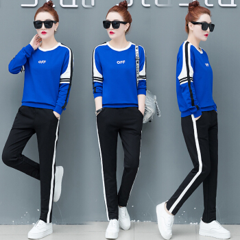 AUDDE 2019秋季新款女装新品卫衣女休闲套装女运动服两件套韩版套头宽松大码女装 zx1AF04-082 蓝色 L