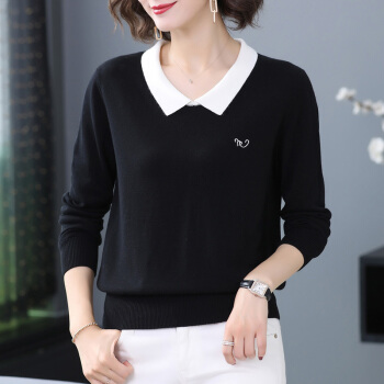 AUDDE 2019冬季新款女装新品娃娃领针织衫女宽松韩版短款内搭毛衣长袖打底衫 zx1BF19-A939 黑色 均码