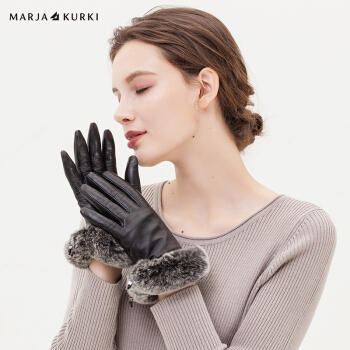 玛丽亚.古琦（玛丽亚古琦 MARJA KURKI）羊皮手套獭兔毛圈口薄绒触屏保暖防风羊皮手套女礼盒装秋天童话 5GG40M299 黑 M