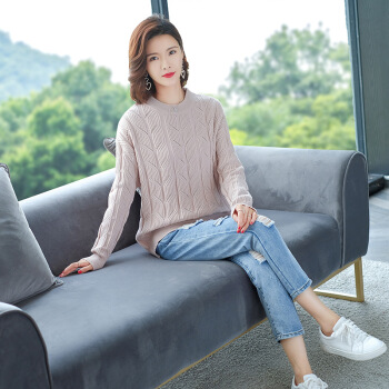 沫欣 针织衫女2019秋冬新品女装纯色仙女提花毛衣女短款圆领宽松时尚通勤打底针织衫 MMBD1977 粉色 L