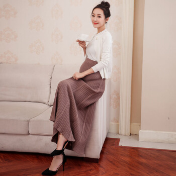 薇图（vitto）女装 2019秋冬新款宽松百褶裙中长款孕妇裙托腹针织半身裙QDmw0110VT 卡其色 XL