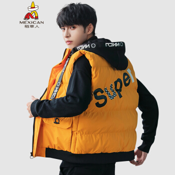 稻草人 MEXICAN 马甲男 青少年时尚百搭无袖外套2019秋冬季新款宽松韩版印花背心坎肩 土黄 3XL