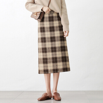 一塘晨2019秋装新款女高腰韩版休闲港味后开叉复古格子半身裙 S93B4813BA2543M 咖啡格纹 M
