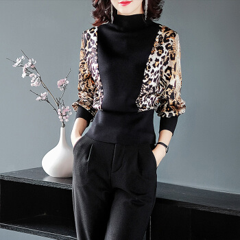 一塘晨2019秋新款时尚半高领流行长袖修身显瘦气质豹纹衬衫 S93B4240CA2553XL 咖色豹纹XL