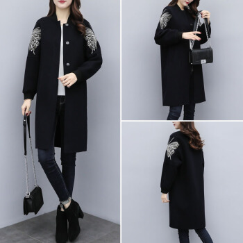 丽乔 毛呢大衣女中长款冬季2019新品韩版女装大码毛呢外套刺绣棒球服黑色呢子大衣潮 zx5325-8742 黑色 XL