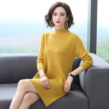 沫欣 针织衫女2019秋冬新品复古中长款毛衣外穿宽松洋气针织连衣裙半高领打底衫 MMBD5839 黄色 105