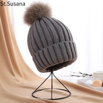 圣苏萨娜帽子女冬季韩版时尚潮流可爱学生保暖针织毛球毛线帽SSN2523 灰色