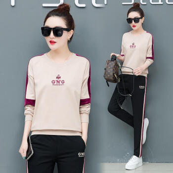 AUDDE 2019秋冬季新款女装卫衣女套装休闲学生宽松时尚韩版运动两件套潮 zx2A001-357DD 卡其色 XL