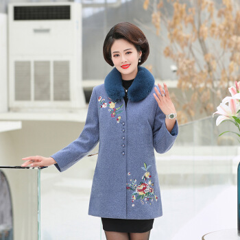 凡淑 毛呢大衣女2019冬季新品妈妈装中年女装短款大衣加棉加毛领修身显瘦上衣 JXALXK8980 外套蓝色 XL