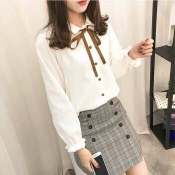 JOY OF JOY 2019冬季新款女装学院风清新灯芯绒明线装饰系带长袖衬衫女 JWCC199841 白色 M