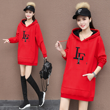 AUDDE 2019冬季新款女装新品卫衣女休闲厚外套加厚加绒连帽中长款宽松上衣 HZ1048-5018 红色 XL