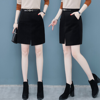 丽乔 毛呢包臀半身裙中长款秋冬季2019新款女装一字步百搭黑色显瘦不规则半身裙 HZ2030-9082 黑色 M