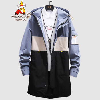 稻草人（MEXICAN）风衣男中长款连帽2019秋冬新款夹克外套男潮流百搭青年衣服时尚印花工装大衣男装 蓝色 XL