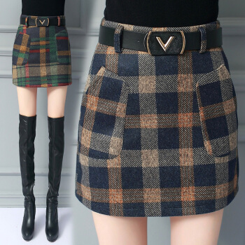 AUDDE 2019秋冬季新款女装新品半身裙女一步裙毛呢格子a字大码短裙包臀胖mm HZD9-889 卡其色 3XL