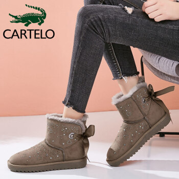 卡帝乐鳄鱼 (CARTELO) 雪地靴女韩版百搭水钻女靴时尚短筒靴学生加厚加绒保暖棉靴子 女 1X64290890 咖色 39