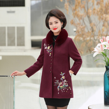 凡淑 毛呢大衣女2019冬季新品妈妈装中年女装短款大衣加棉加毛领修身显瘦上衣 JXALXK8980 外套酒红色 3XL