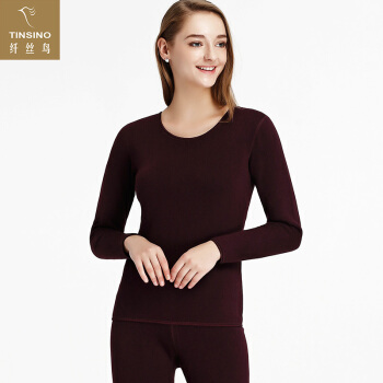 纤丝鸟保暖内衣男加绒加厚冬季青年情侣保暖衣套装女士秋衣秋裤 女 酒红色 圆领 XXL