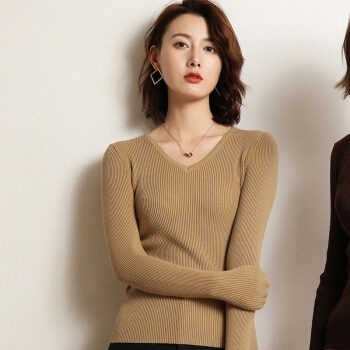 仙丫 2019秋冬季新品女装针织衫女抽条圆领毛衣修身短款百搭韩版显瘦针织打底衫 GZHB9991074 金驼色 XL