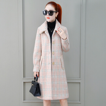 尚格帛 毛呢大衣2019秋冬新品女装时尚呢子大衣双面呢格子韩版加绒加厚中长款上衣潮 HZ5020-19229 粉格 M