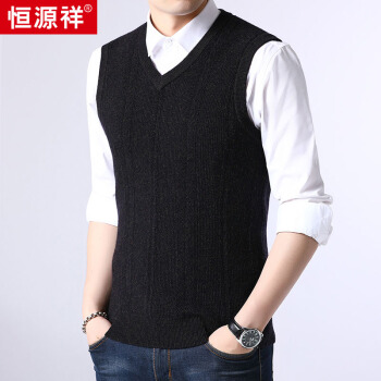 恒源祥羊毛背心男V领秋冬无袖针织衫毛衣男中青年休闲马甲坎肩 15508060 黑色 170/88A