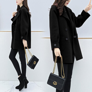 丽乔 2019冬季新品韩版女装毛呢大衣女中长款大衣女毛呢外套宽松茧型呢子大衣 XDD07 黑色 XL