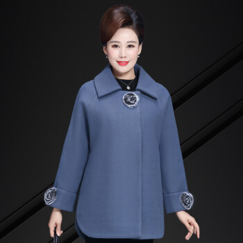 凡淑 妈妈装2019秋冬新品女装40岁50中老年高贵毛呢外套纯色宽松显瘦呢子大衣 JXALXK21069 单外套蓝色 2XL