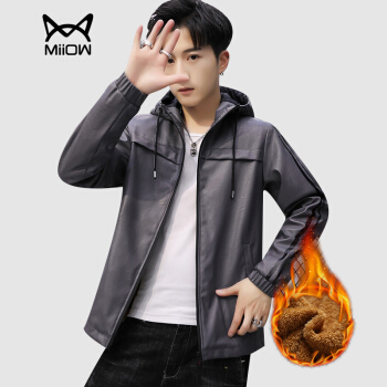 猫人（MiiOW）皮衣 男士加绒连帽字母印花PU皮夹克外套304A-820灰色L