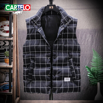 卡帝乐鳄鱼（CARTELO）马甲男士2019冬季新款时尚修身百搭棉服外套上衣 格子 3XL