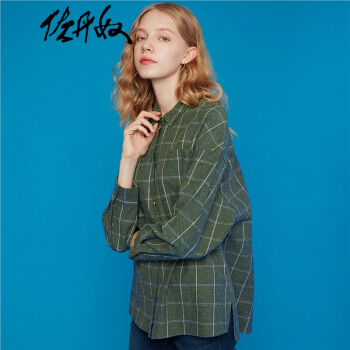 佐丹奴（Giordano） 衬衫 佐丹奴女士衬衫长袖法兰绒棉质格子宽松设计感女复古衬衣13349809 02绿色 大码