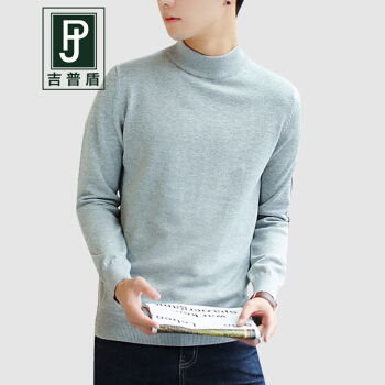 吉普盾半高领针织衫男士2019秋冬新品韩版修身毛线上衣休闲打底毛衣男 浅灰 M