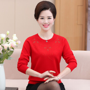 莉夏乐 针织衫女显瘦妈妈装冬季2019新款女装加厚毛衣中年宽松长袖针织打底衫 HCBSXQ804 大红色 M