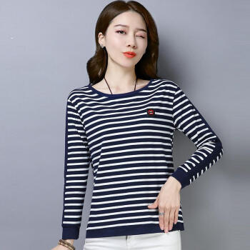 AUDDE 2019冬季新款女装新品宽松条纹T恤女韩版百搭长袖圆领上衣 zx3513-2827 蓝条纹 XL