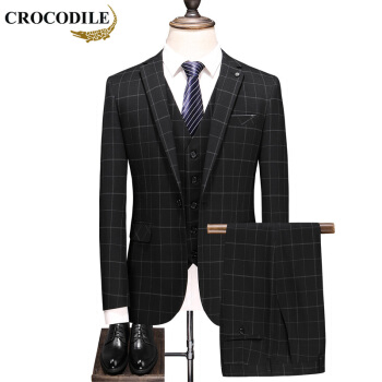 鳄鱼恤（CROCODILE）西服 男士2019秋冬伴郎新郎结婚礼服韩版商务正装三件套 D216-A803 黑色 S