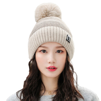 MAXVIVI 毛线帽女针织帽子女冬天新款韩版拼色R标加绒毛线帽护耳卷边保暖帽子 WMZ933058 米色