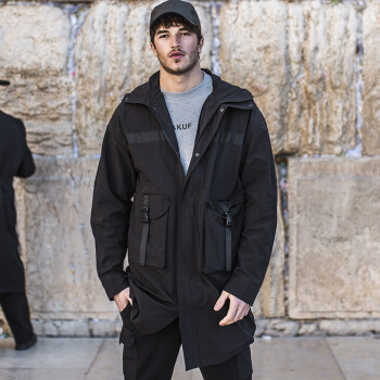 AK男装 （AKSERIES）都市特工连帽落肩宽松版中长款风衣1906003 黑色 XL