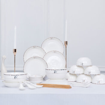 传旗 陶瓷餐具套装（32头）碗碟套装 4-6人用创意碗碟盘勺 陶瓷碗碟盘套装 盘子碗具 天鹅湖