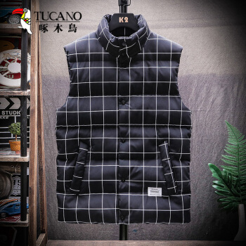 啄木鸟（TUCANO）马甲男2019冬季新款简约时尚条纹无袖背心修身保暖棉衣外套男装衣服 格子 L